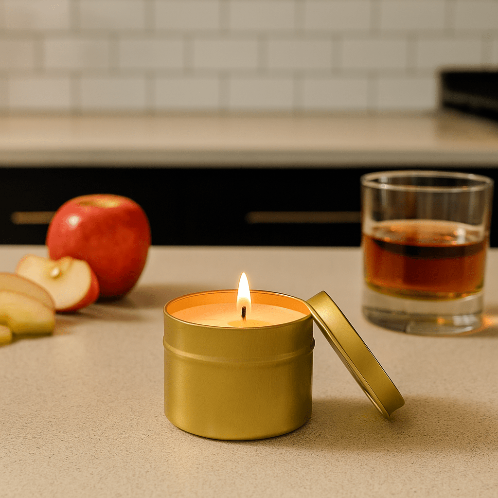 Apples and Bourbon Gold Tin Soy Candle - Abboo Candle Co