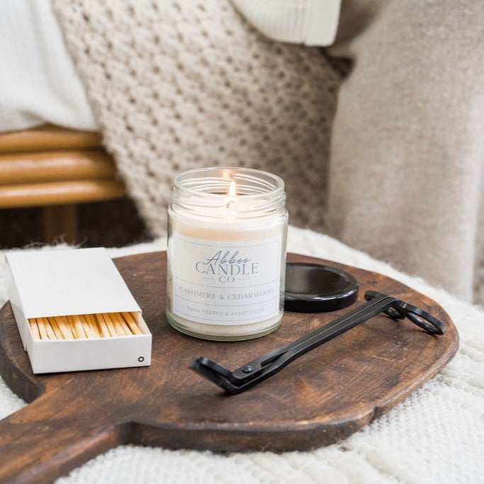 Abboo Candle Co single wick candles are made with soy wax , phthalate-free fragrance oils and cotton wicks for a clean burn.