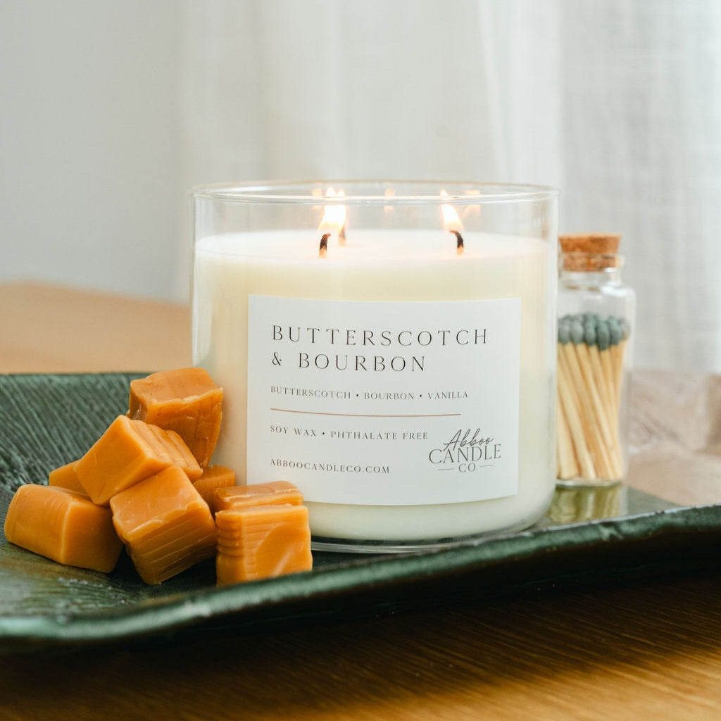 Abboo Candle Co 3-wick candles are made with soy wax , phthalate-free fragrance oils and cotton wicks for a clean burn.