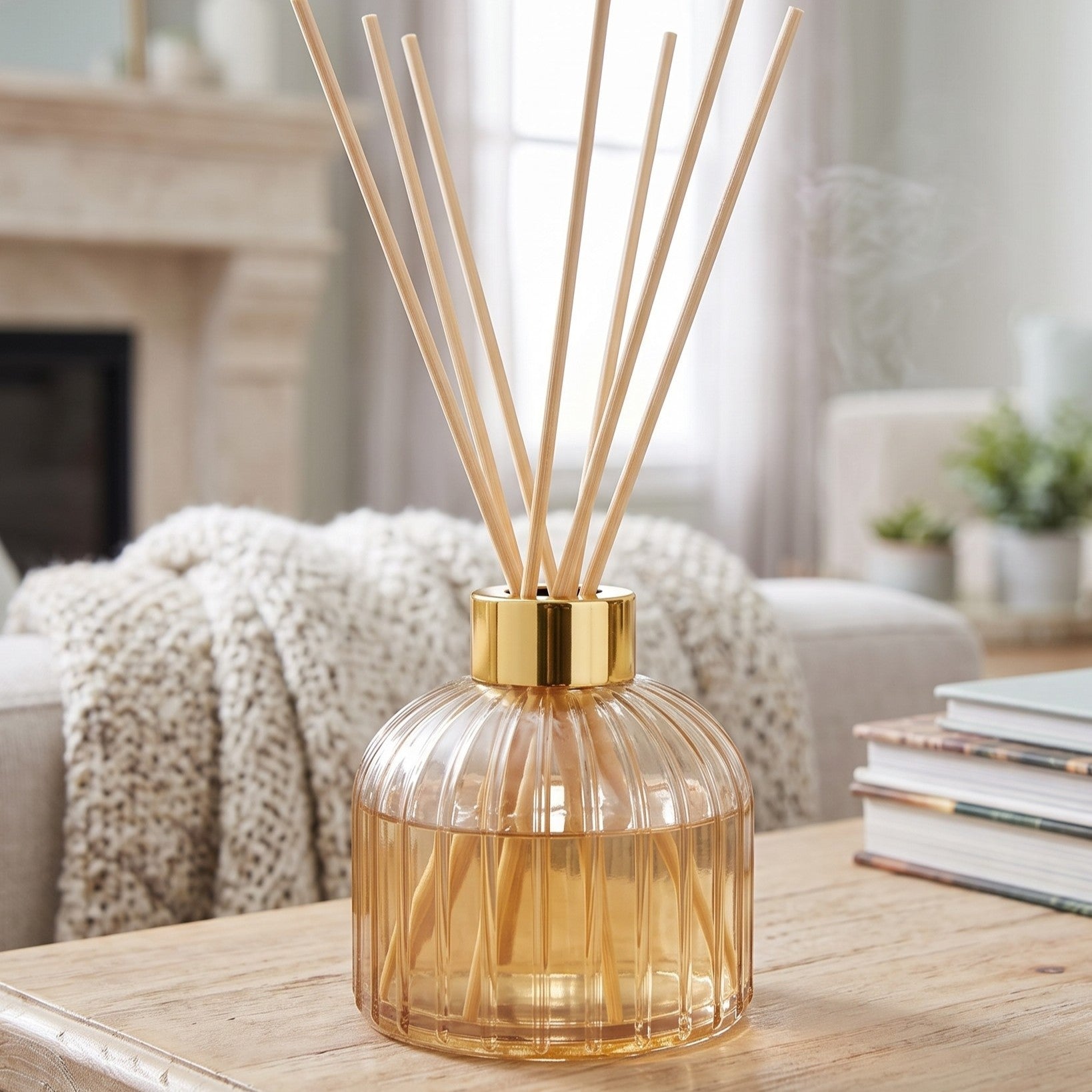 champagne glass reed diffuser with a gold collar and natural wood reeds, displayed on a wooden table in a cozy living room setting.