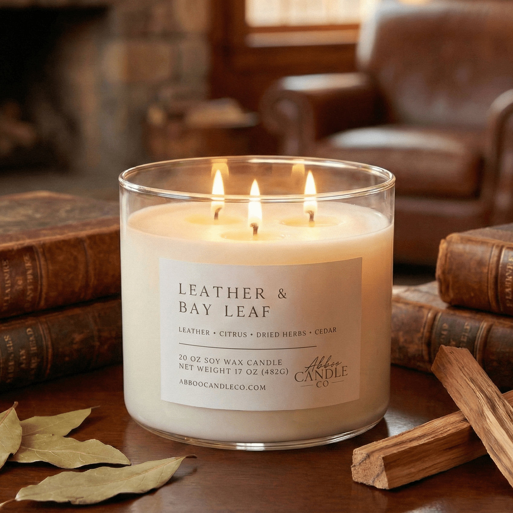 Leather and Bay Leaf 3 - Wick Candle - Abboo Candle Co