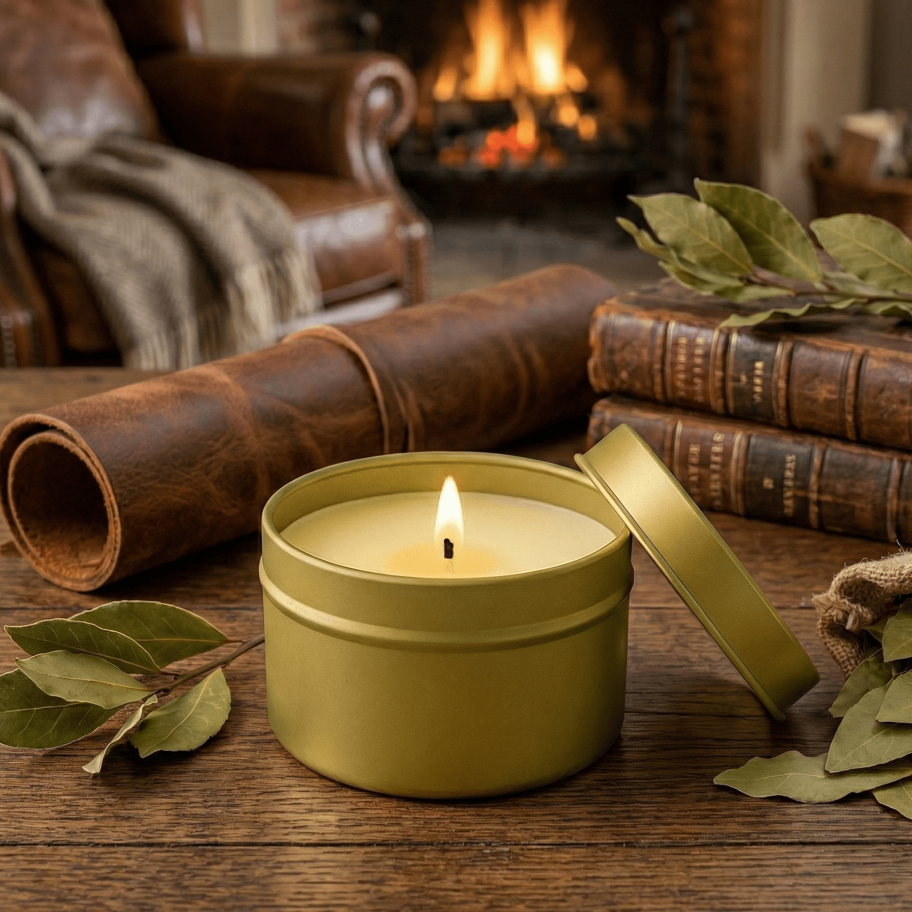 Lit candle in a metal tin on a wooden surface with a cozy fireplace in the background