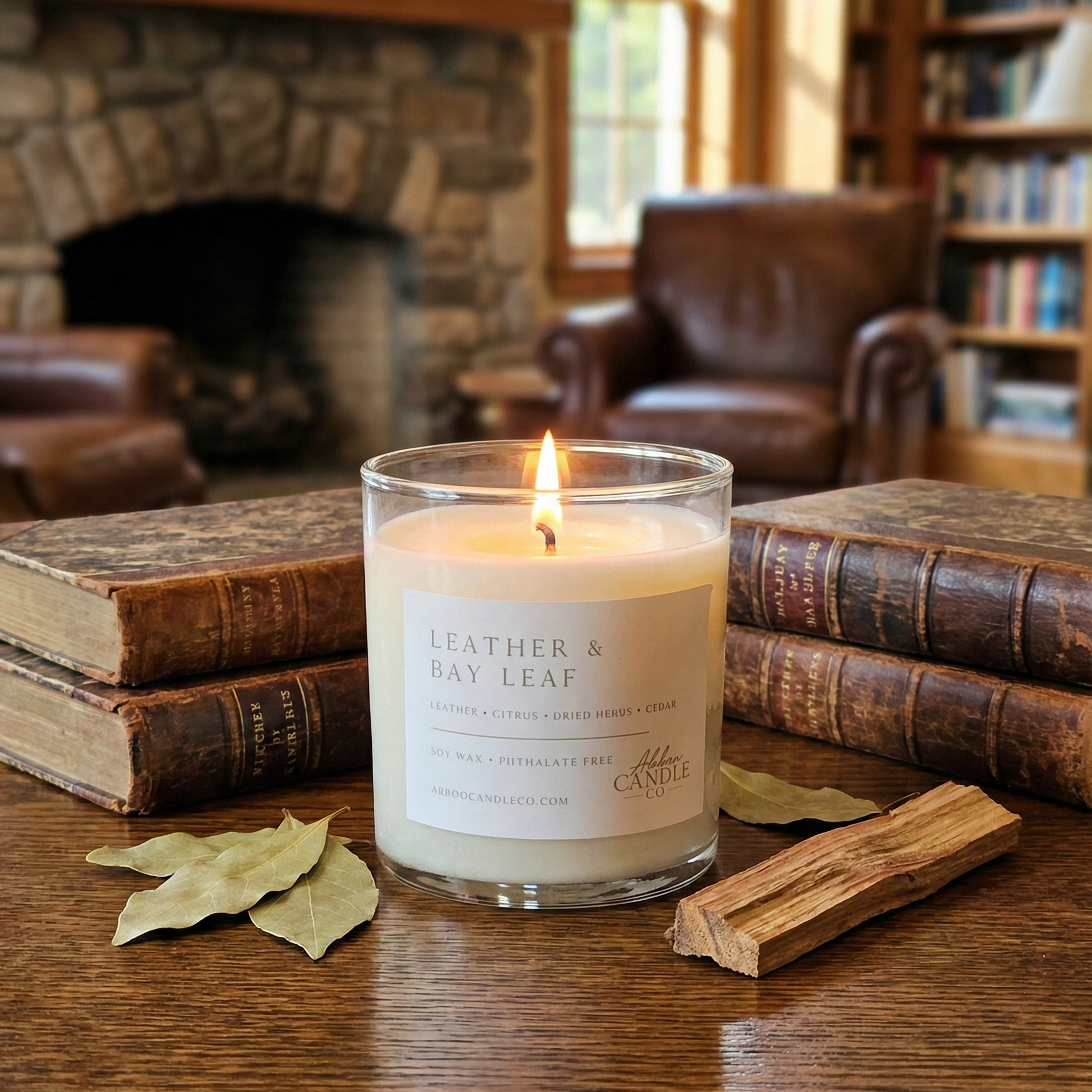 Leather Bay Leaf candle on wood surface with leather bound books
