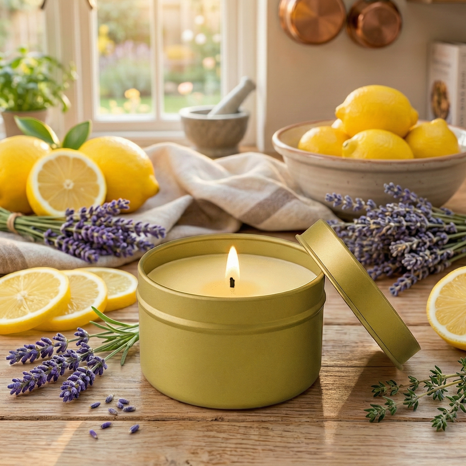 Lemon and Lavender Gold Tin Soy Candle - Abboo Candle Co