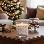 Candle with 'Merry & Bright' label on a coffee table in a festive living room.