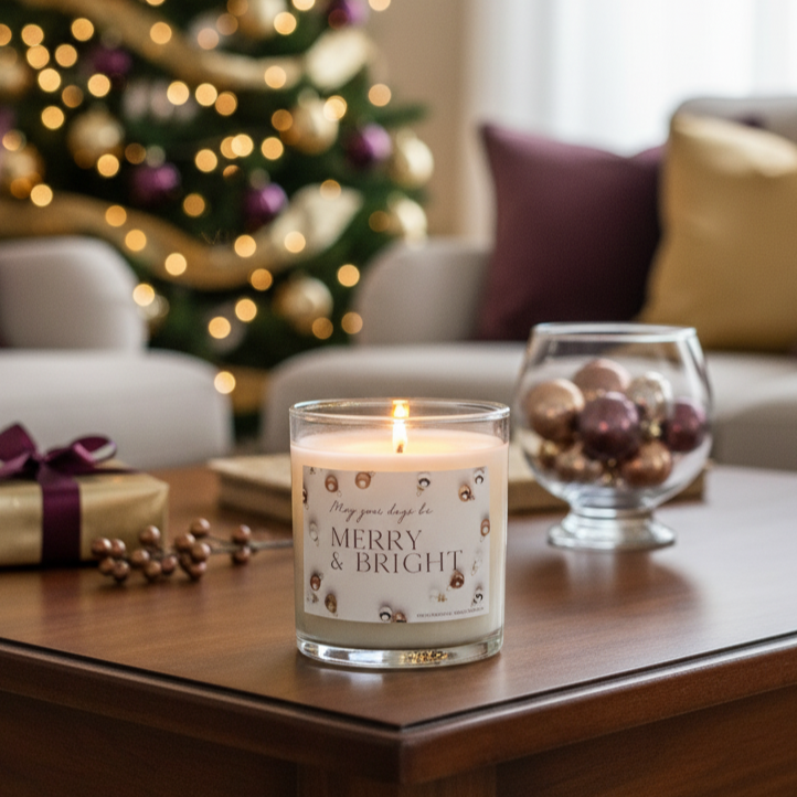 Candle with 'Merry & Bright' label on a coffee table in a festive living room.