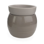 Gray ceramic warmer with ribbed texture on a white background