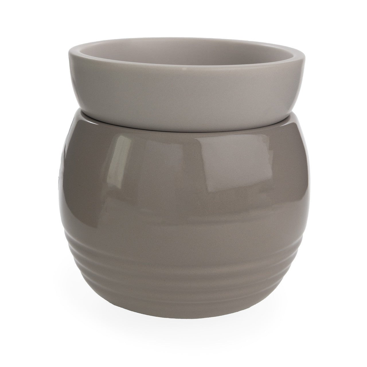 Gray ceramic warmer with ribbed texture on a white background