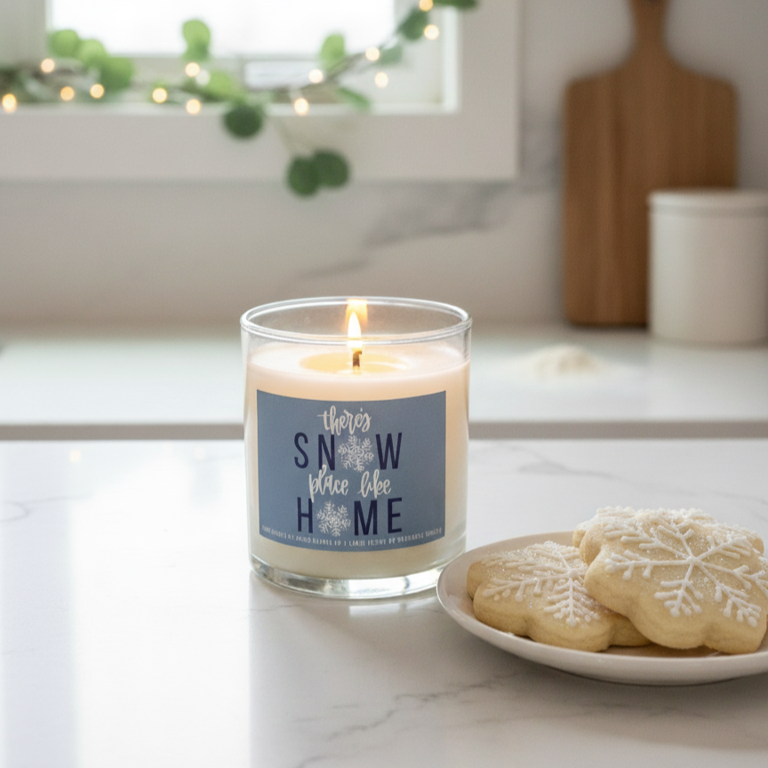 Candle with a 'There's Snow Place Like Home' label on a marble surface with cookies and decorative lights in the background
