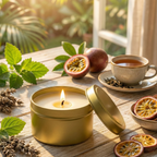 Gold tin candle with sunshine and a cup of tea and passion fruit