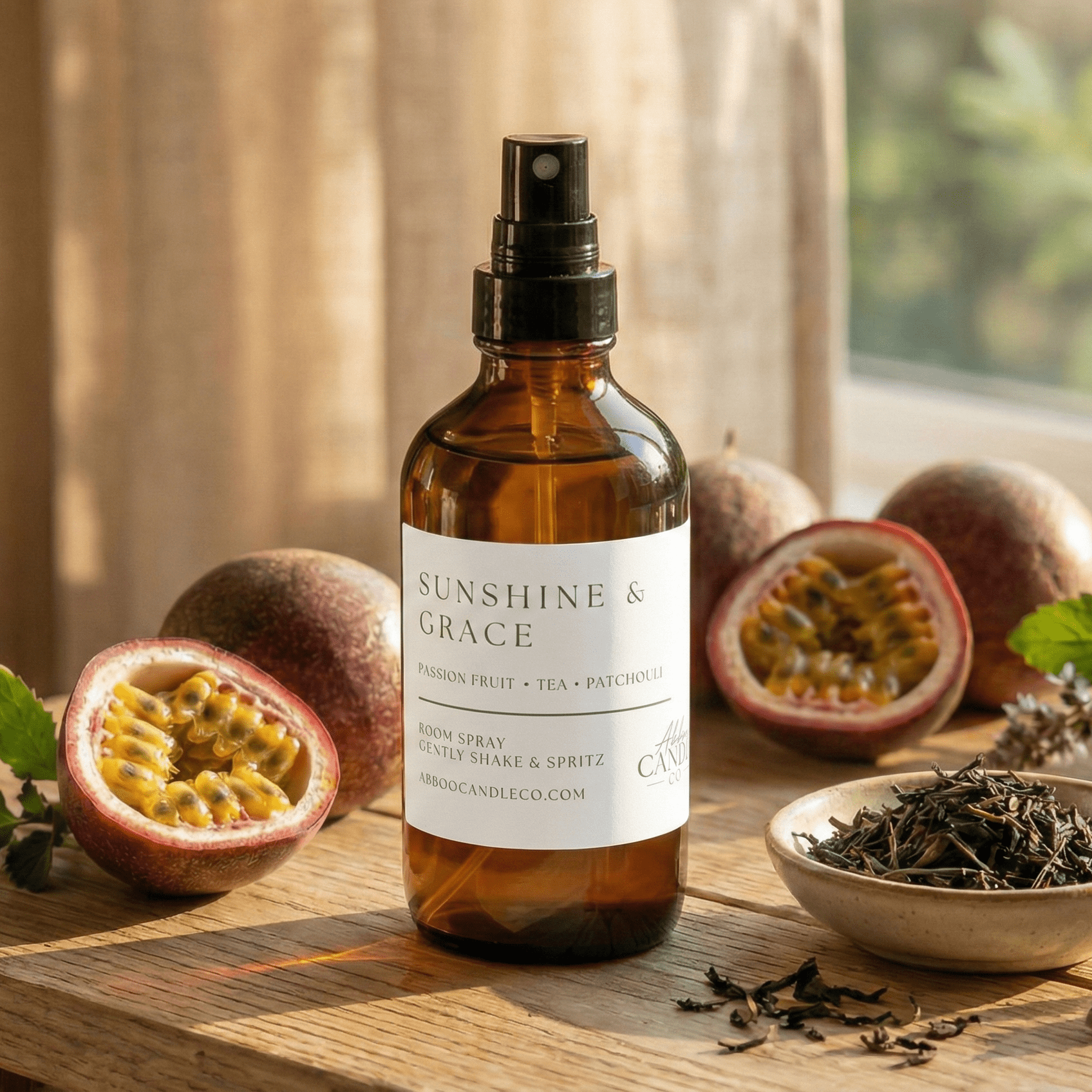 sunshine grace room spray with tea leaves and passion fruit