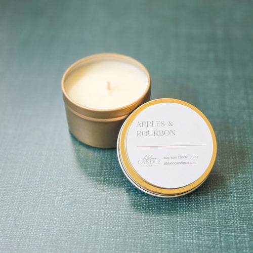 Apples and Bourbon Gold Tin Soy Candle - Abboo Candle Co