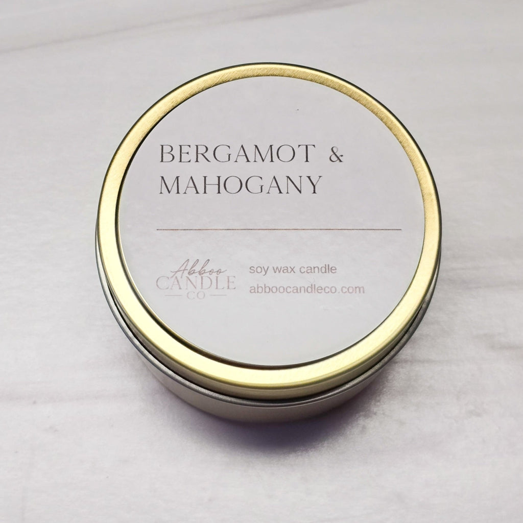 Bergamot and Mahogany Gold Tin Soy Candle - Abboo Candle Co