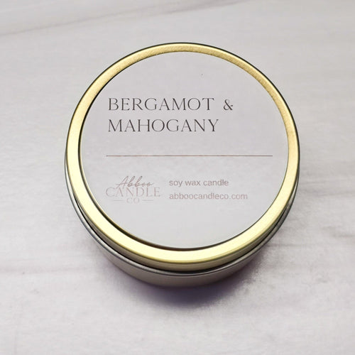 Bergamot and Mahogany Gold Tin Soy Candle - Abboo Candle Co