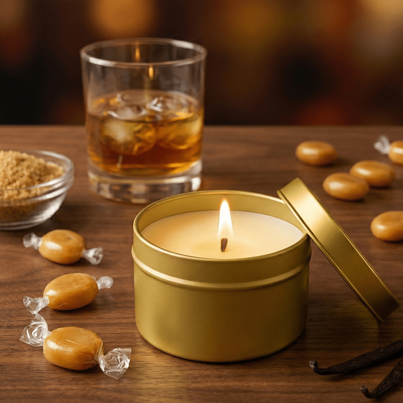 Butterscotch and Bourbon Gold Tin Soy Candle - Abboo Candle Co