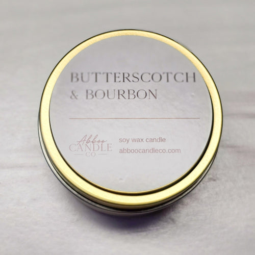 Butterscotch and Bourbon Gold Tin Soy Candle - Abboo Candle Co