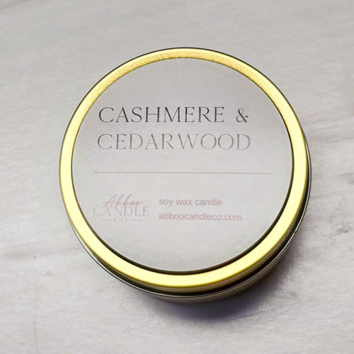Cashmere and Cedarwood Gold Tin Soy Candle - Abboo Candle Co