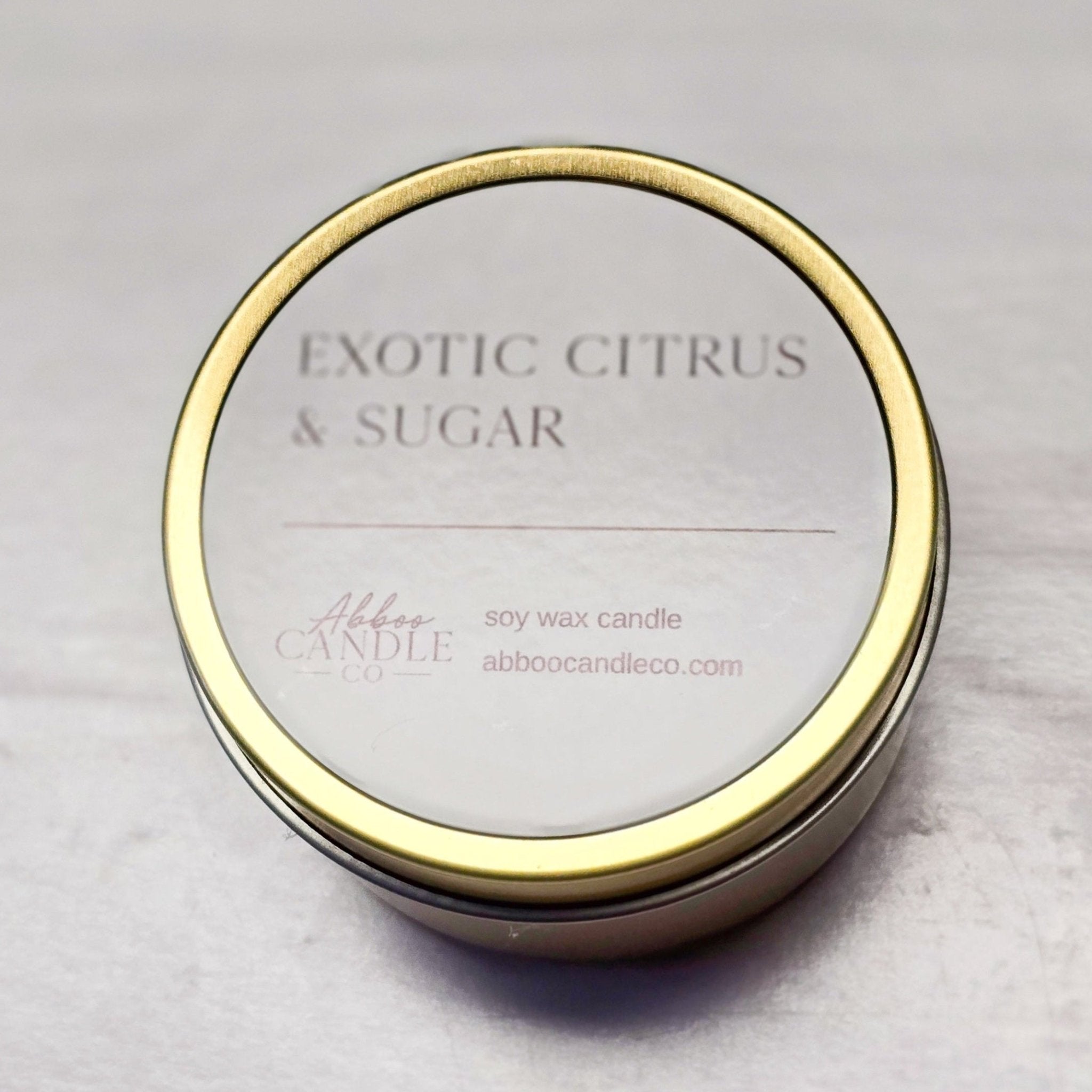 Exotic Citrus and Sugar Gold Tin Soy Candle - Abboo Candle Co
