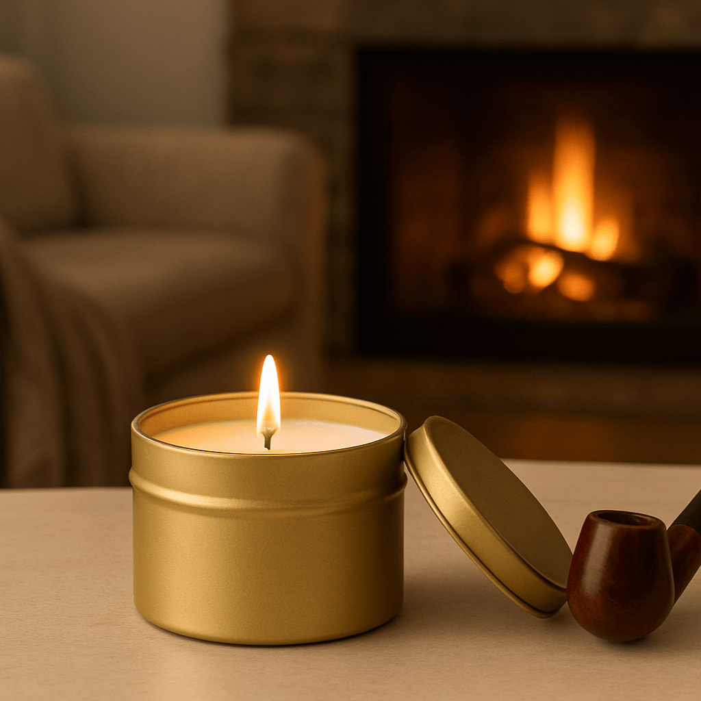 Fireside and Cherry Tobacco Gold Tin Soy Candle - Abboo Candle Co