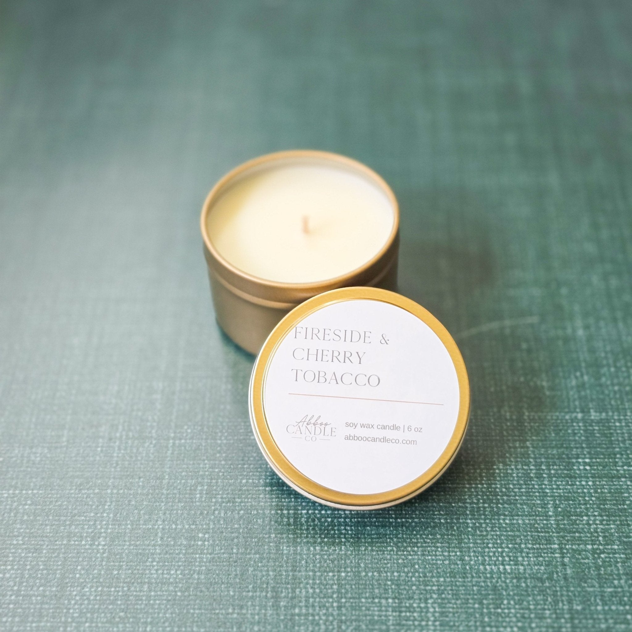 Fireside and Cherry Tobacco Gold Tin Soy Candle - Abboo Candle Co