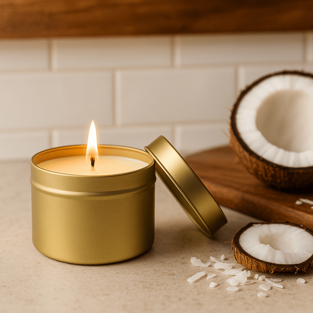 Mahogany and Coconut Gold Tin Soy Candle - Abboo Candle Co