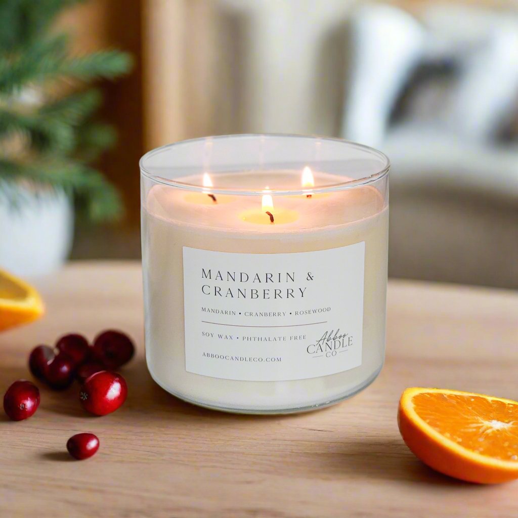 Mandarin and Cranberry 3 - Wick Soy Candle - Abboo Candle Co