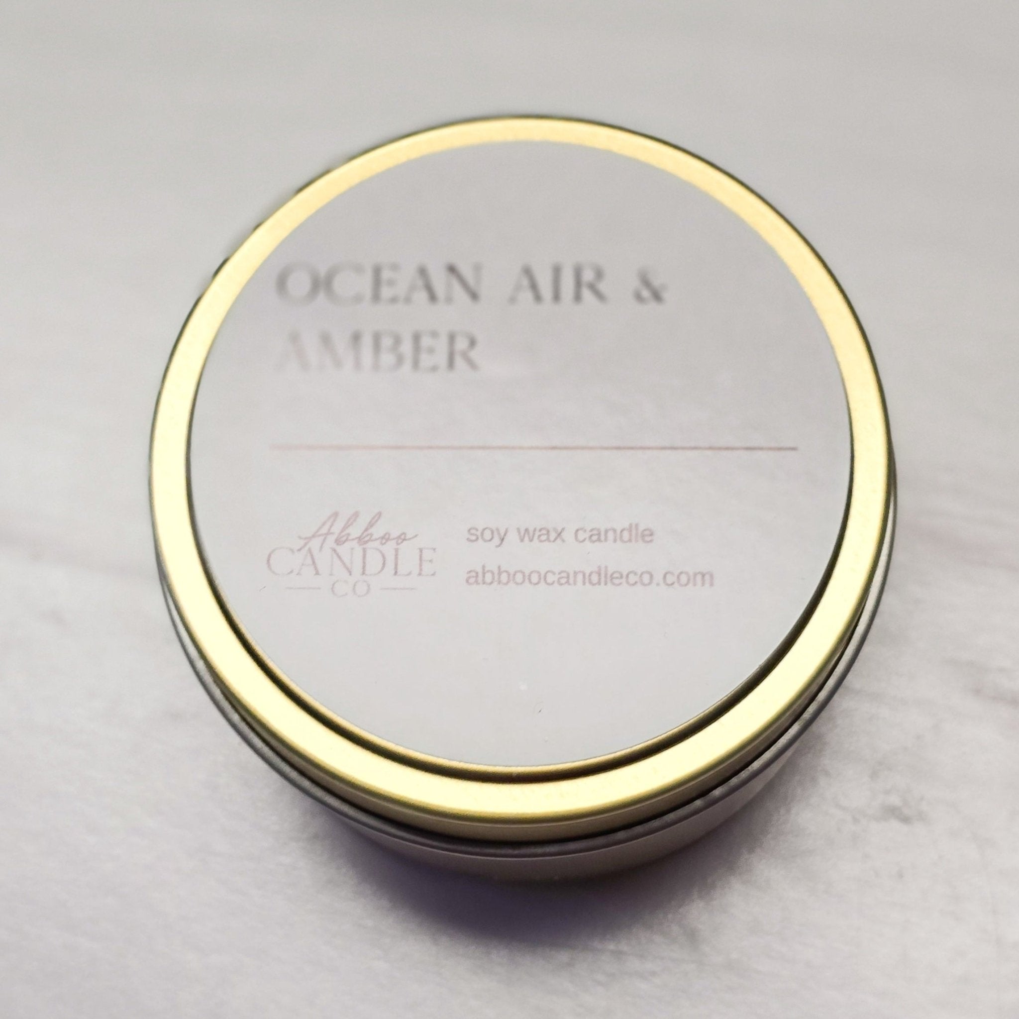 Ocean Air and Amber Gold Tin Soy Candle - Abboo Candle Co