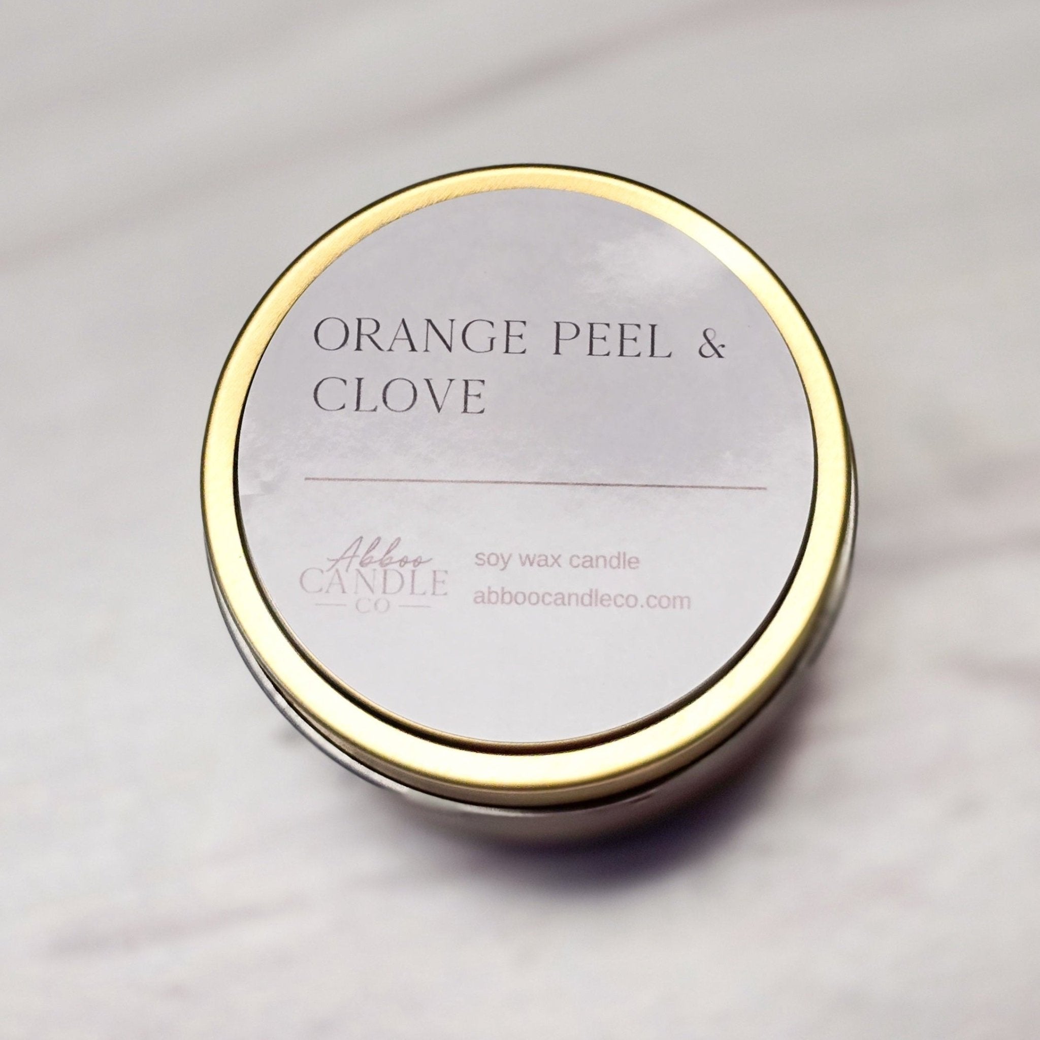 Orange Peel and Clove Gold Tin Soy Candle - Abboo Candle Co