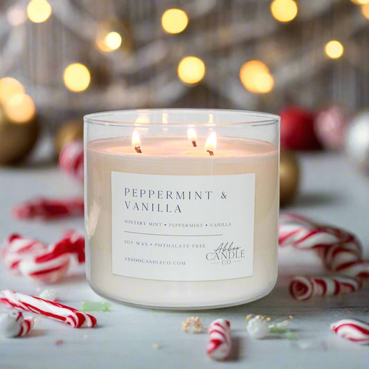 Peppermint and Vanilla 3 - Wick Soy Candle - Abboo Candle Co