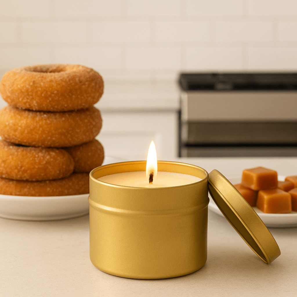 Pumpkin and Caramel Donut Gold Tin Soy Candle - Abboo Candle Co