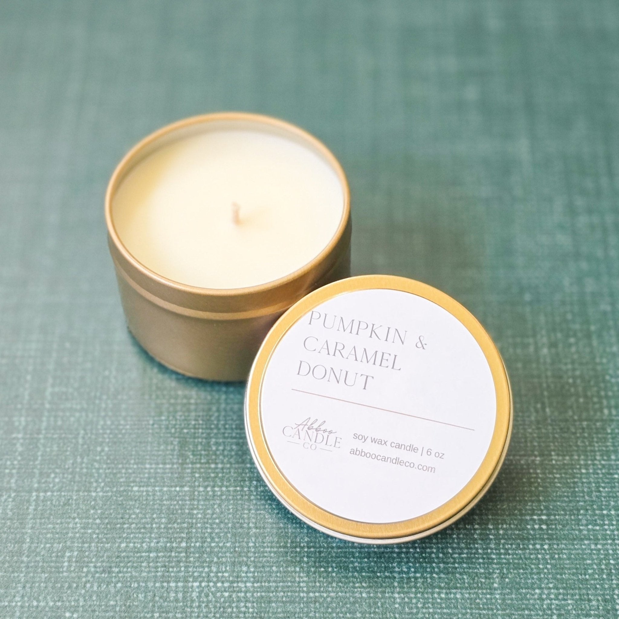 Pumpkin and Caramel Donut Gold Tin Soy Candle - Abboo Candle Co