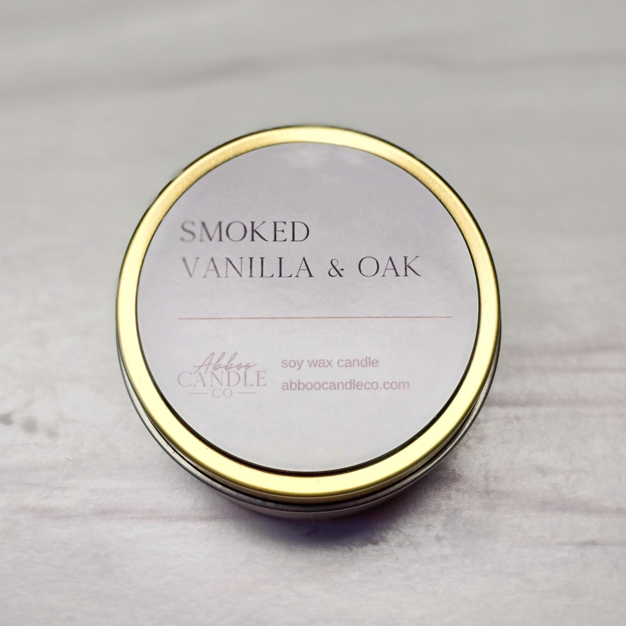 Smoked Vanilla and Oak Gold Tin Soy Candle - Abboo Candle Co