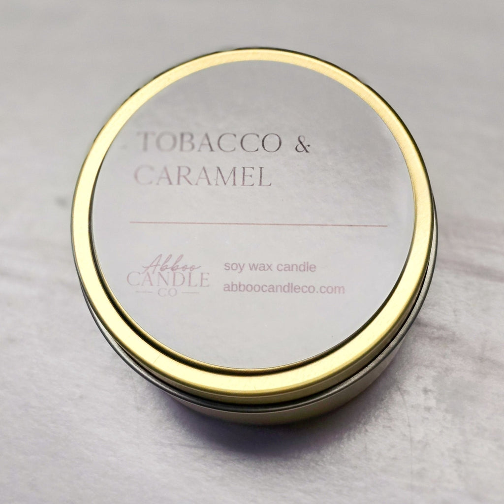 Tobacco and Caramel Gold Tin Soy Candle - Abboo Candle Co