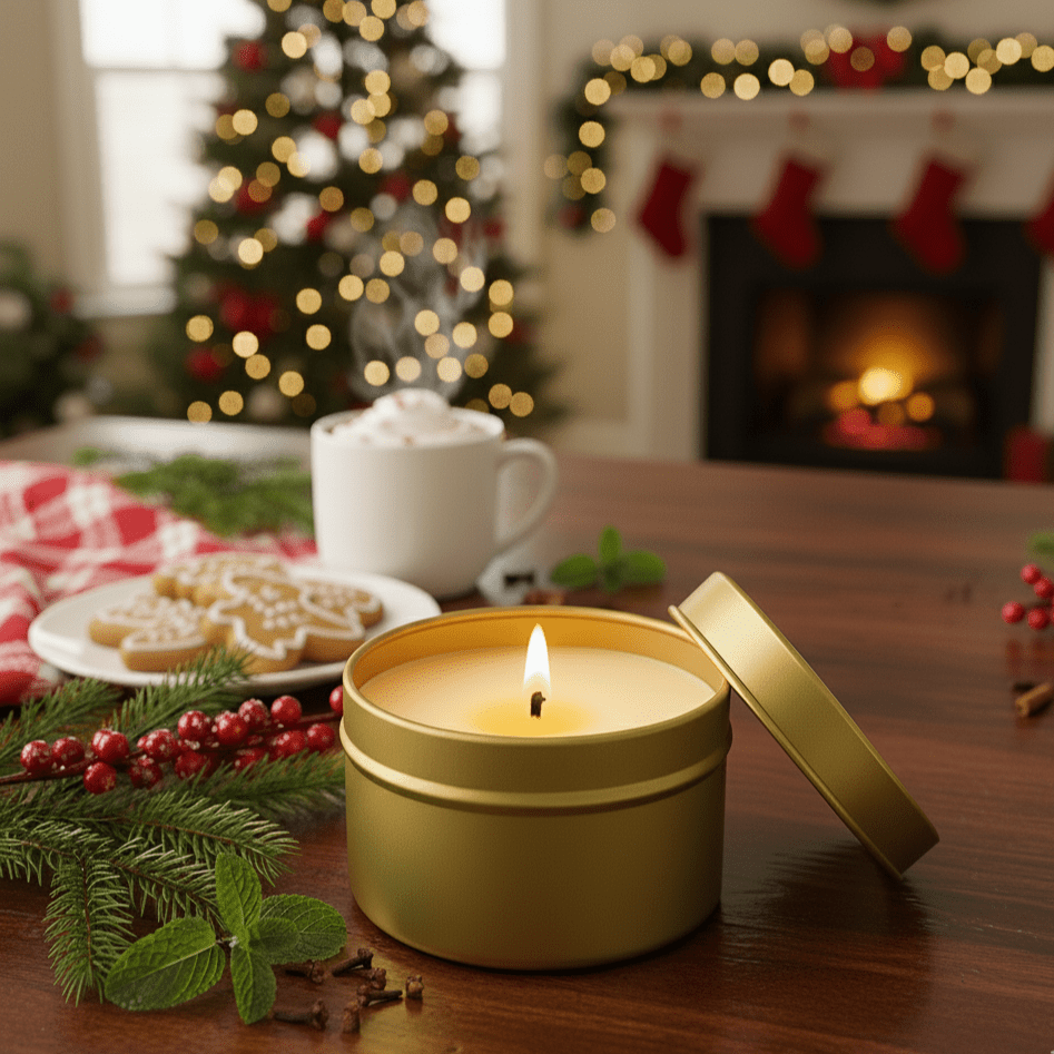 Winter Berries and Mint Gold Tin Soy Candle - Abboo Candle Co
