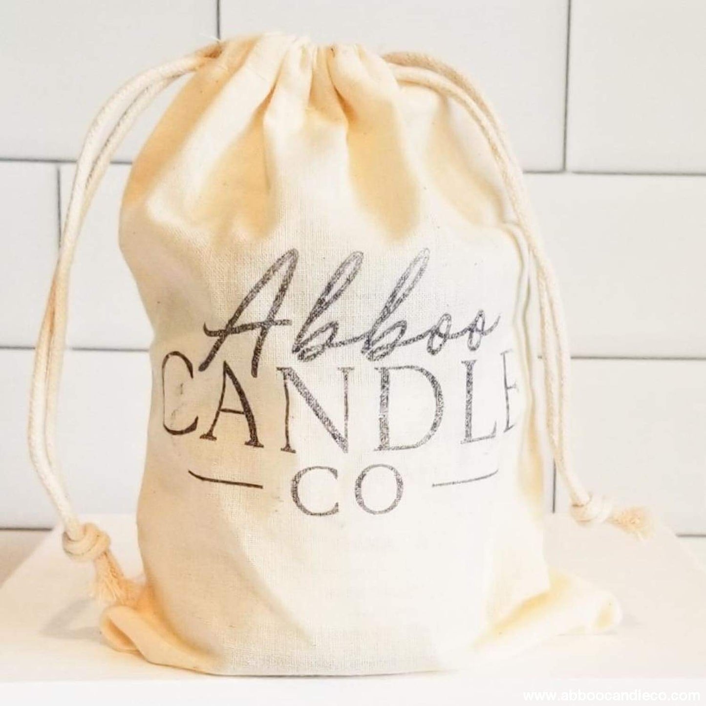 Hand Stamped Cotton Drawstring Candle Pouch - Logo - Abboo Candle Co