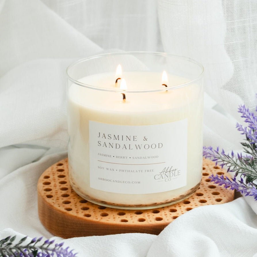 Jasmine and Sandalwood 3-Wick Soy Candle - Abboo Candle Co