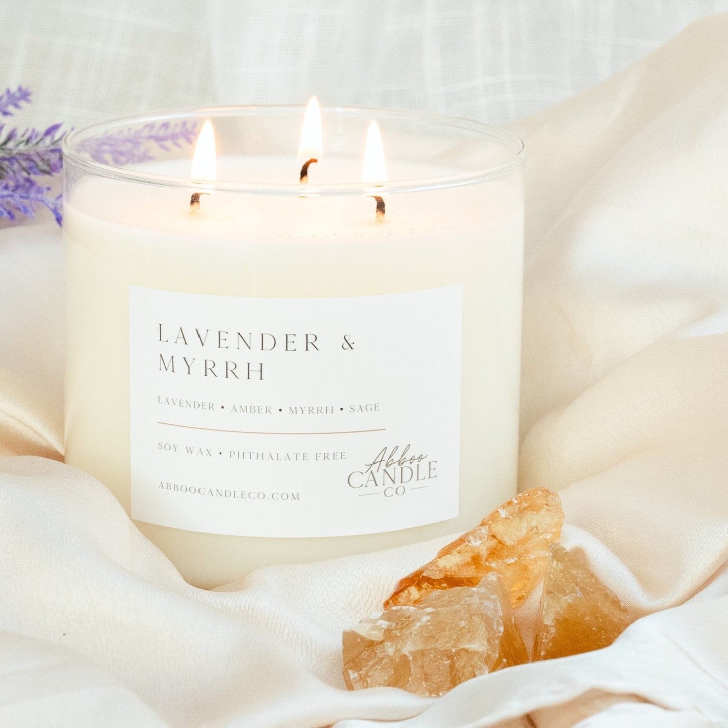 Lavender and Myrrh 3-Wick Soy Candle - Abboo Candle Co