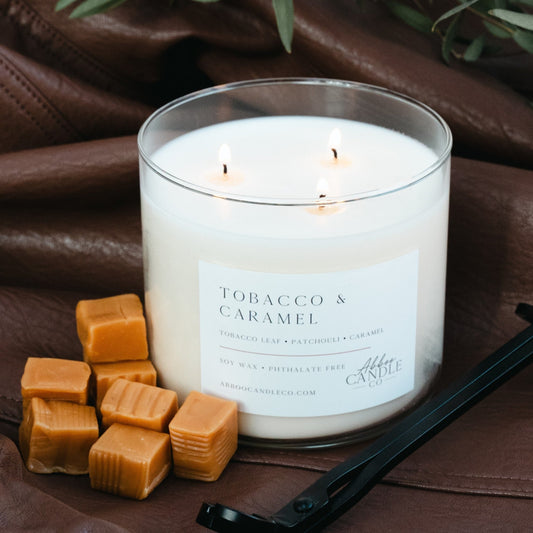 Tobacco and Caramel 3-Wick Soy Candle - Abboo Candle Co