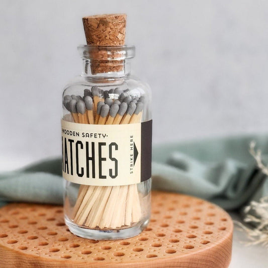 Wooden Matchsticks in Glass Bottle- Gray Tips - Abboo Candle Co