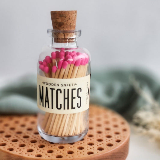 Wooden Matchsticks in Glass Bottle- Hot Pink Tips - Abboo Candle Co